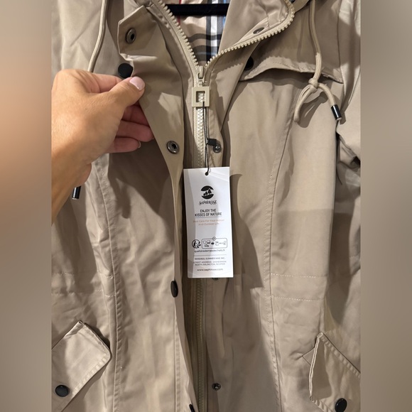 SaphiRose Women's Tan Plaid Lined Hooded Raincoat Jacket Size M - Picture 6 of 10